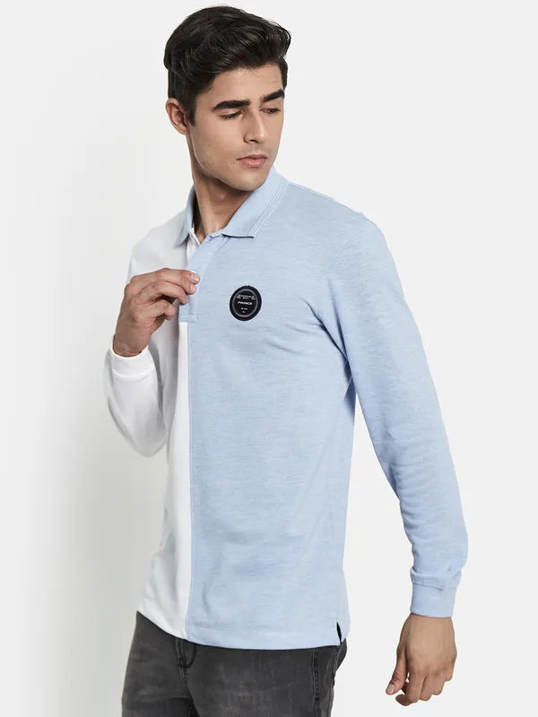 Men Blue White Colourblocked Polo Collar T-Shirt