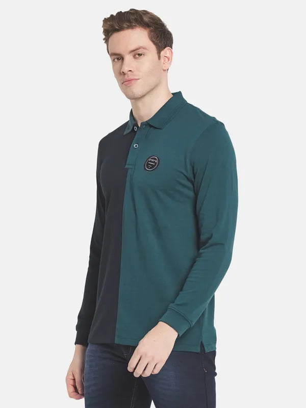 Men Green Colourblocked Polo Collar T-Shirt