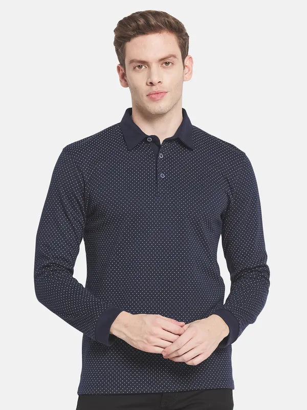 Men Navy Blue Polo Collar Cotton T-Shirt