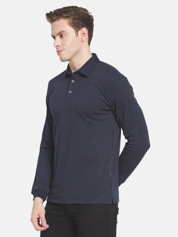 Men Navy Blue Polo Collar Cotton T-Shirt