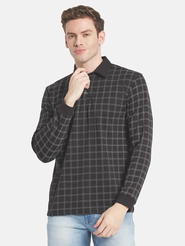 Men Black Checked Polo Collar T-Shirt