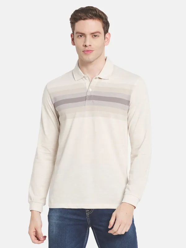 Men White Striped Polo Collar T-Shirt