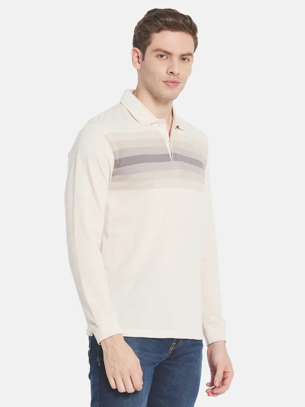 Men White Striped Polo Collar T-Shirt