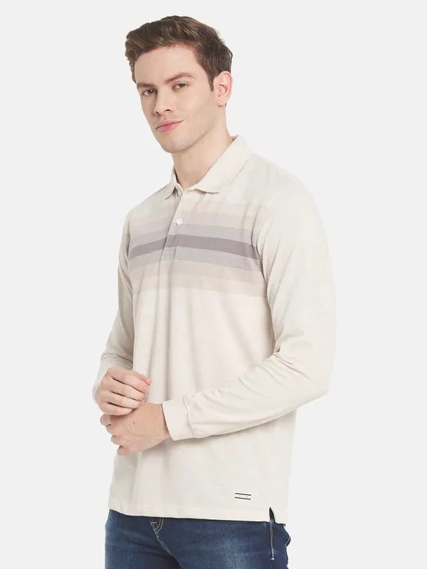 Men White Striped Polo Collar T-Shirt