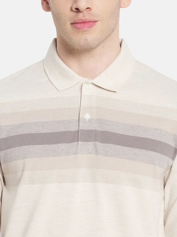 Men White Striped Polo Collar T-Shirt