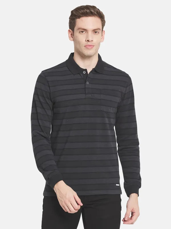 Men Black Striped Polo Collar T-Shirt