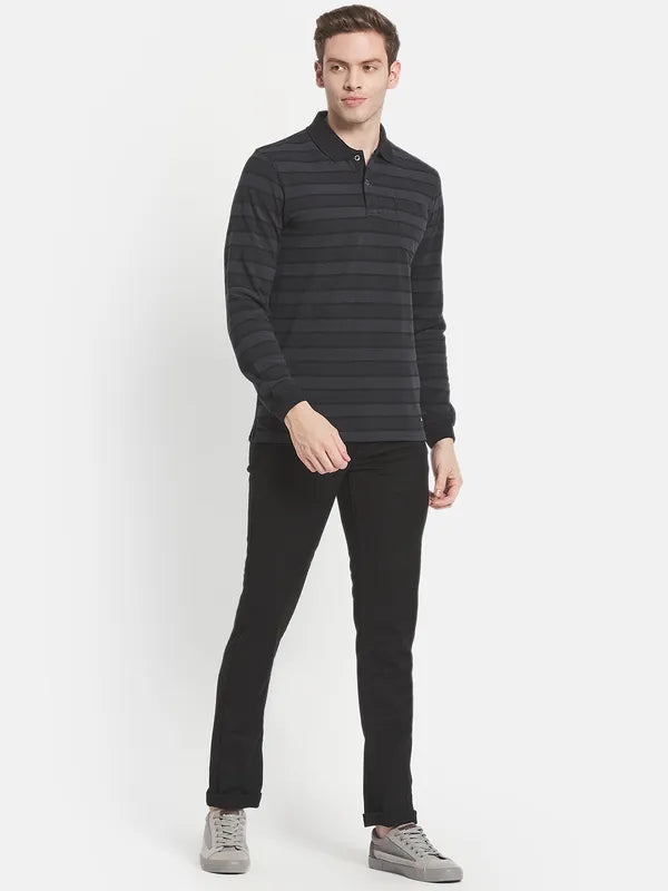 Men Black Striped Polo Collar T-Shirt