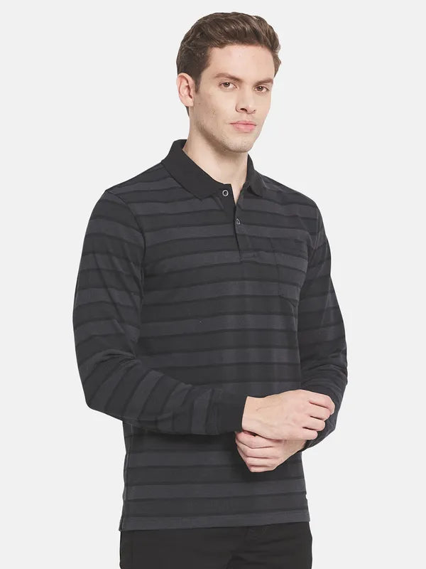 Men Black Striped Polo Collar T-Shirt