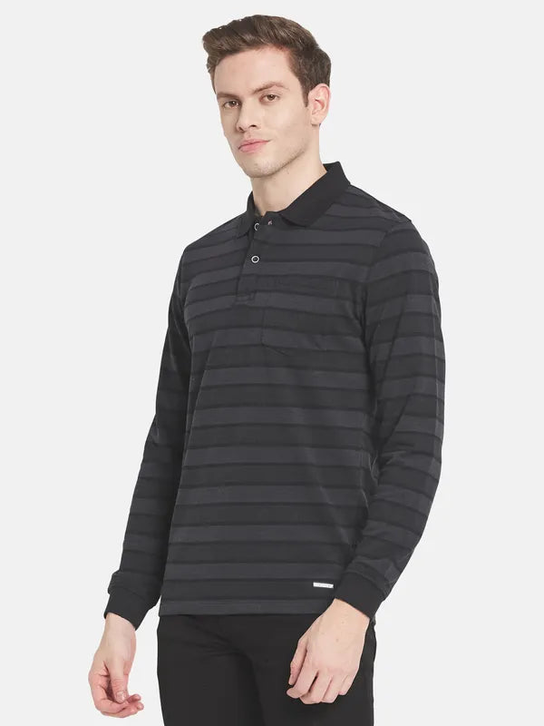 Men Black Striped Polo Collar T-Shirt