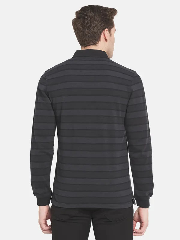 Men Black Striped Polo Collar T-Shirt
