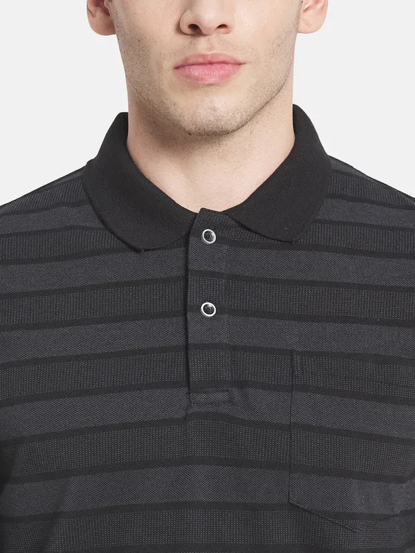 Men Black Striped Polo Collar T-Shirt