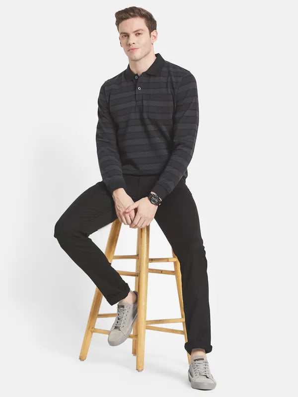 Men Black Striped Polo Collar T-Shirt