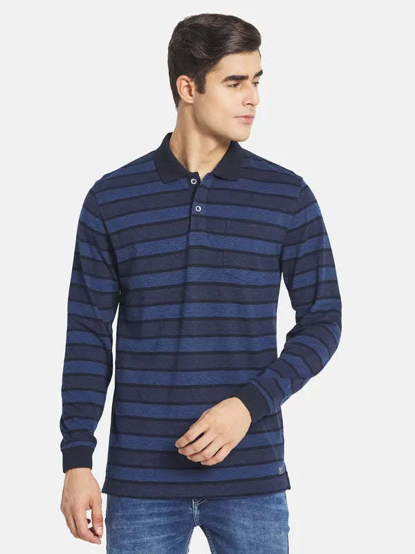 Mettle Men Navy Blue Striped Mandarin Collar T-Shirt