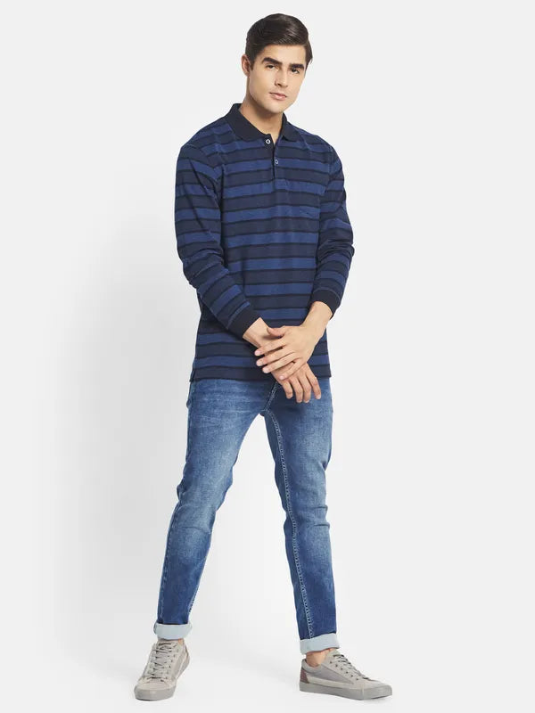 Mettle Men Navy Blue Striped Mandarin Collar T-Shirt