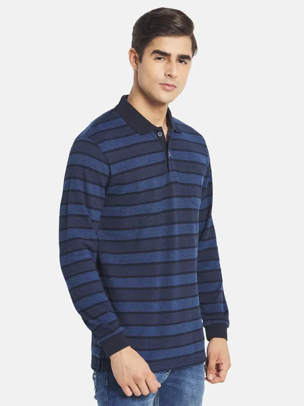 Mettle Men Navy Blue Striped Mandarin Collar T-Shirt