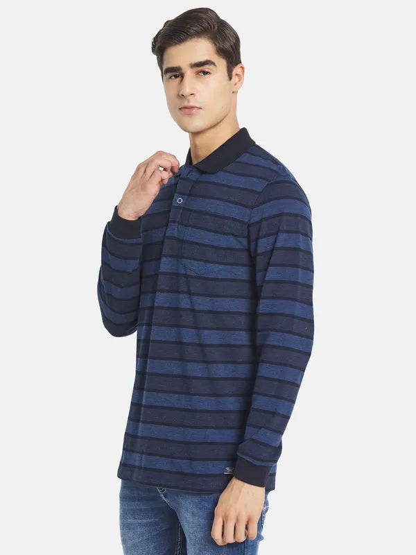 Mettle Men Navy Blue Striped Mandarin Collar T-Shirt