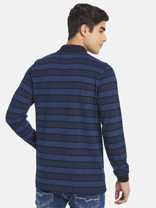 Mettle Men Navy Blue Striped Mandarin Collar T-Shirt