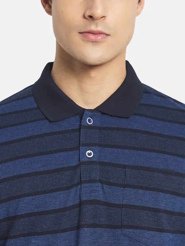 Mettle Men Navy Blue Striped Mandarin Collar T-Shirt