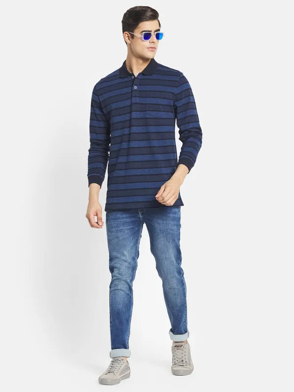 Mettle Men Navy Blue Striped Mandarin Collar T-Shirt