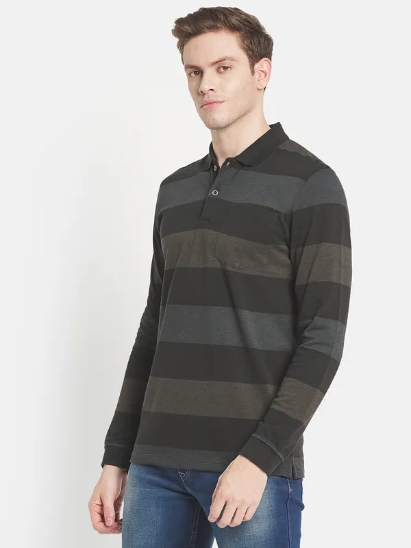 Men Olive Green Striped Polo Collar T-Shirt