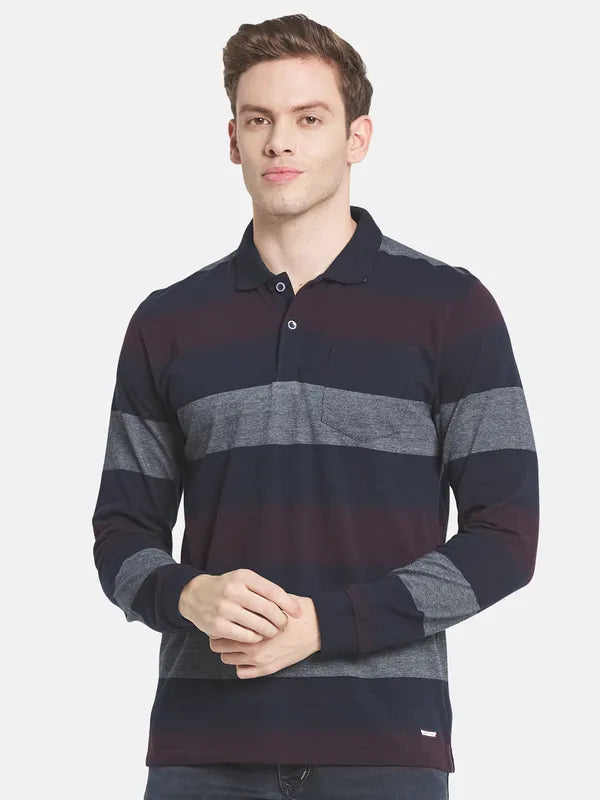 Men Grey Striped Polo Collar T-Shirt