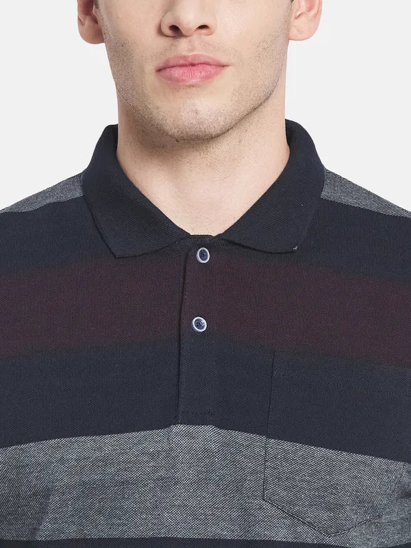 Men Grey Striped Polo Collar T-Shirt