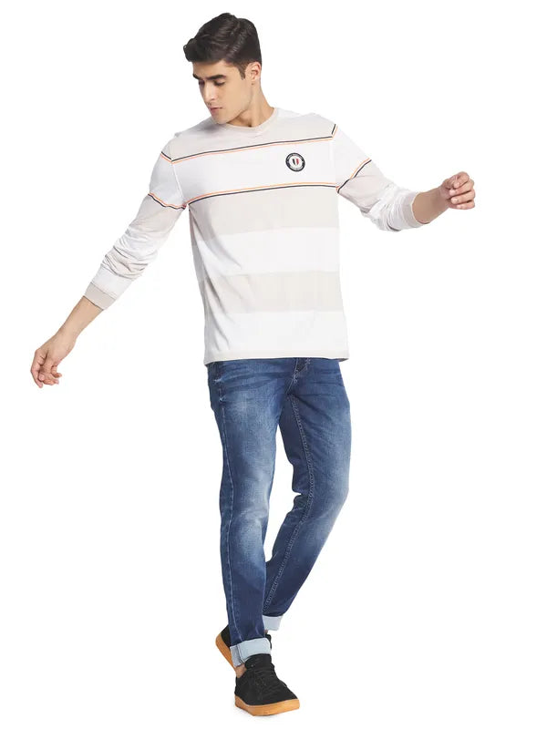 Mettle Men Cream  White Striped Cotton T-Shirt