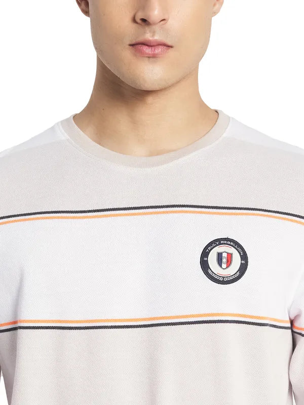 Mettle Men Cream  White Striped Cotton T-Shirt