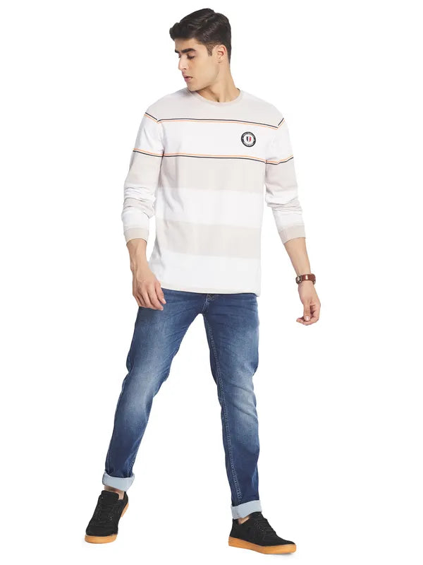 Mettle Men Cream  White Striped Cotton T-Shirt