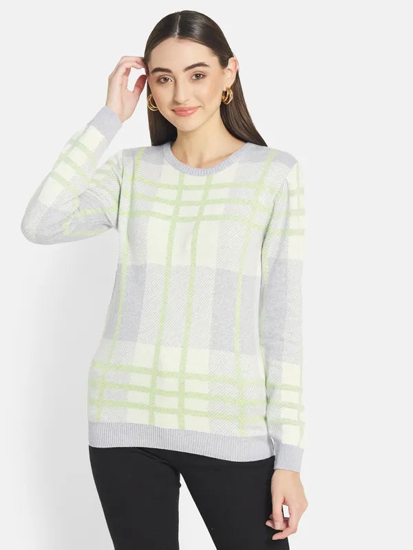 Mettle Women Grey Blue Checked Pullover