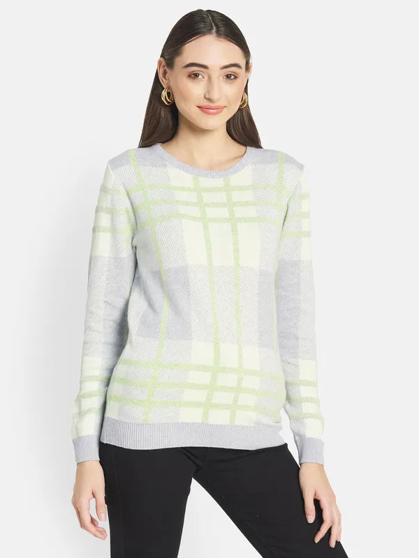 Mettle Women Grey Blue Checked Pullover