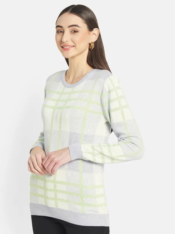 Mettle Women Grey Blue Checked Pullover