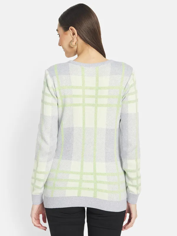 Mettle Women Grey Blue Checked Pullover