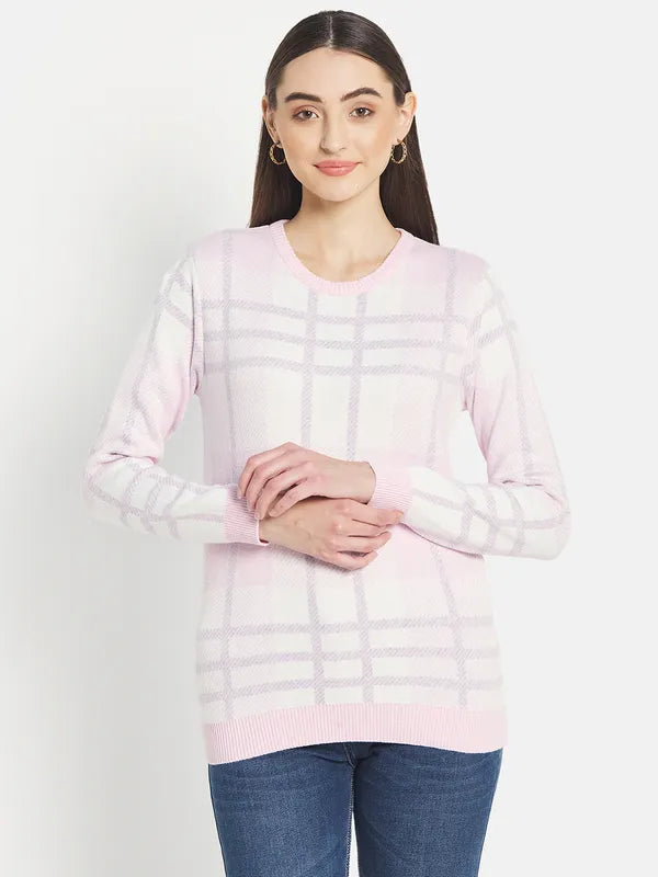 Mettle Women Pink White Checked Pullover