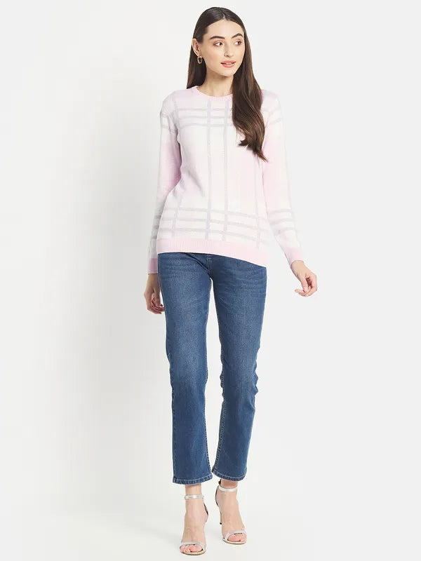 Mettle Women Pink White Checked Pullover