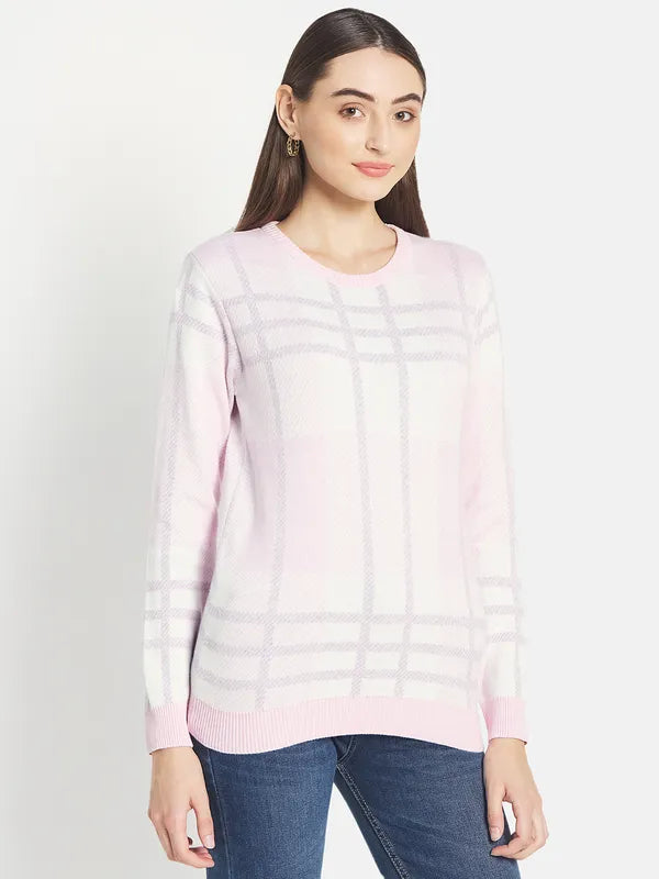 Mettle Women Pink White Checked Pullover