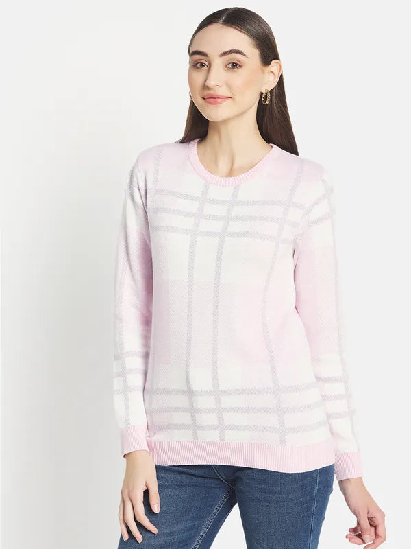 Mettle Women Pink White Checked Pullover