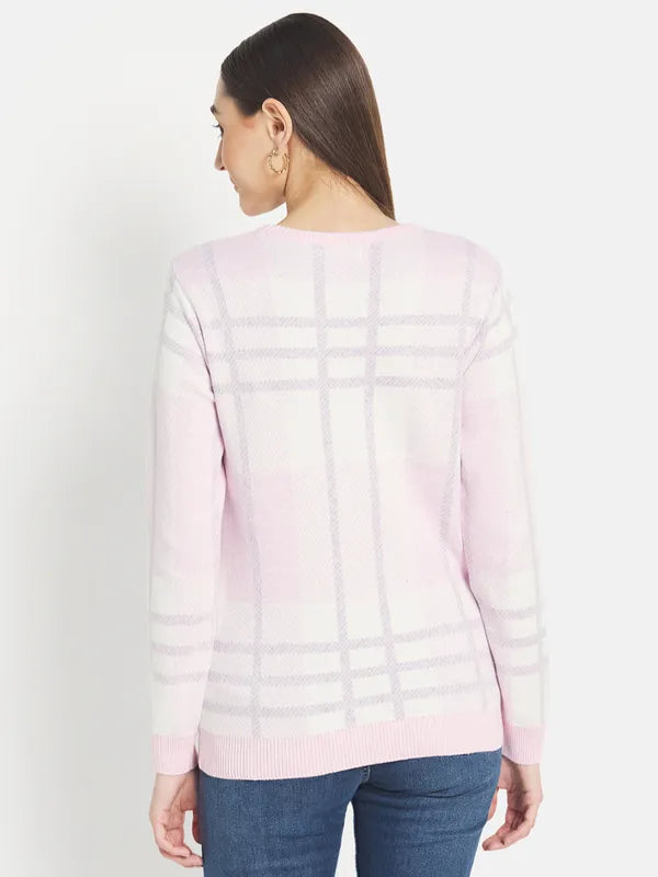 Mettle Women Pink White Checked Pullover