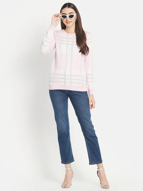 Mettle Women Pink White Checked Pullover