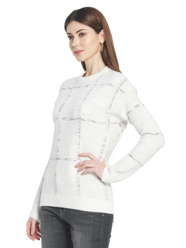 Mettle Women White  Grey Checked Checked Pullover