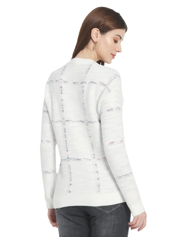 Mettle Women White  Grey Checked Checked Pullover