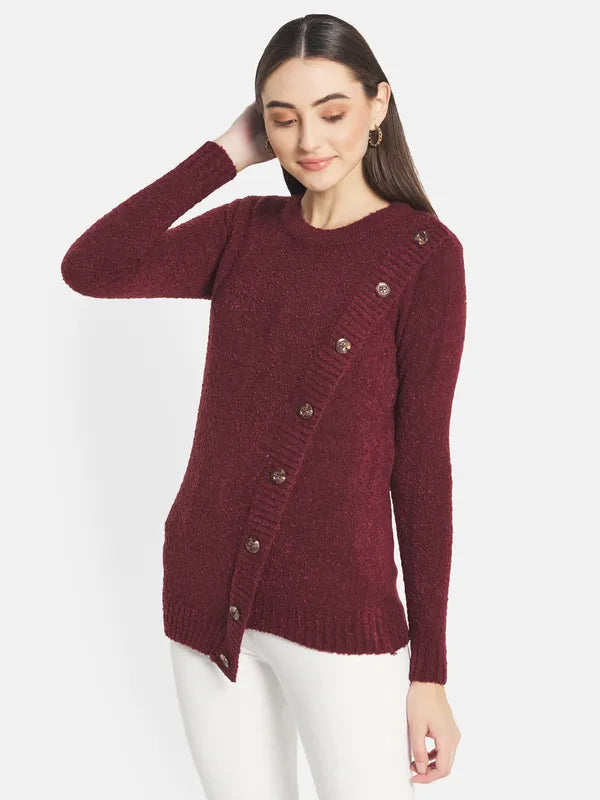 Mettle Women Maroon Cable Knit Cardigan