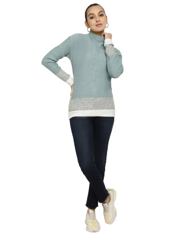 Mettle Women Blue White Colourblocked Colourblocked Pullover