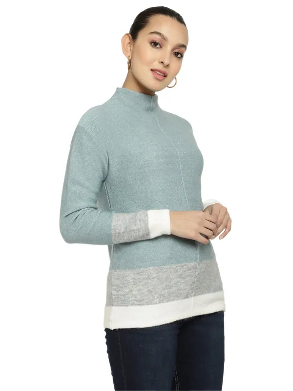 Mettle Women Blue White Colourblocked Colourblocked Pullover