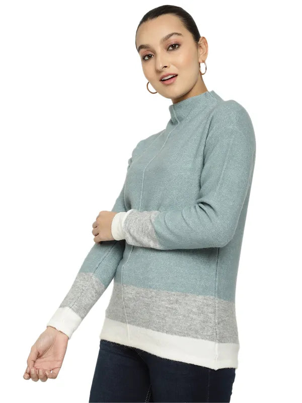 Mettle Women Blue White Colourblocked Colourblocked Pullover