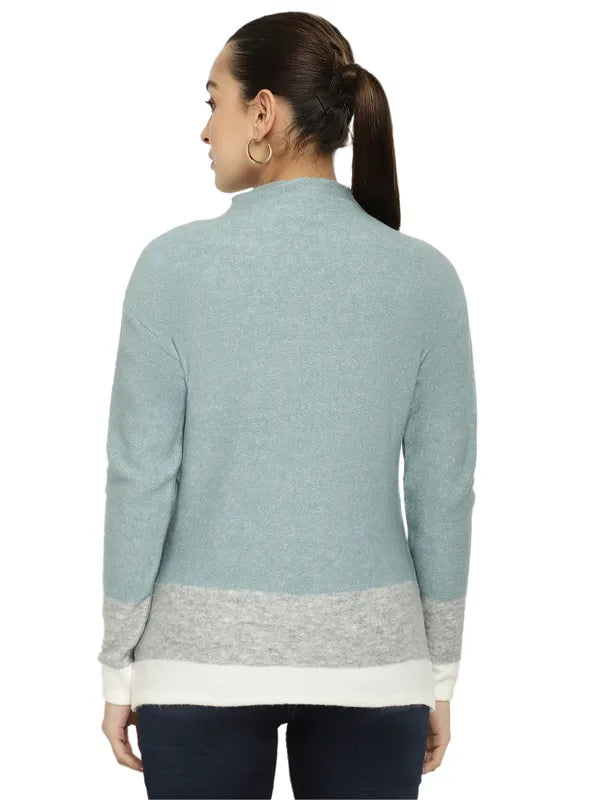 Mettle Women Blue White Colourblocked Colourblocked Pullover