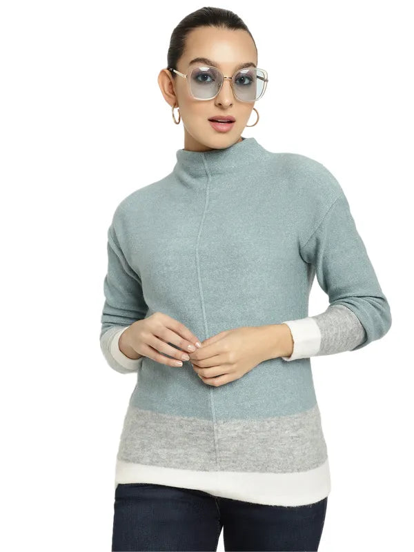 Mettle Women Blue White Colourblocked Colourblocked Pullover