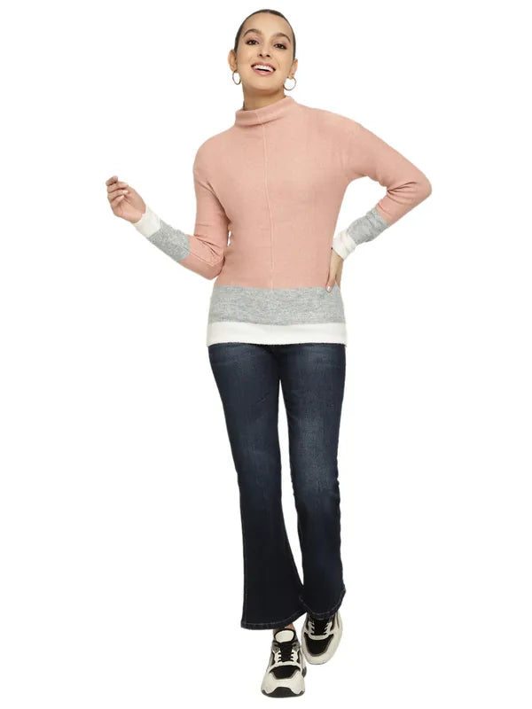 Mettle Women Pink Grey Colourblocked Colourblocked Pullover