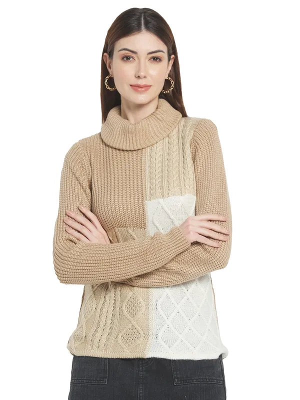 Mettle Women Brown  White Colourblocked Colourblocked Pullover