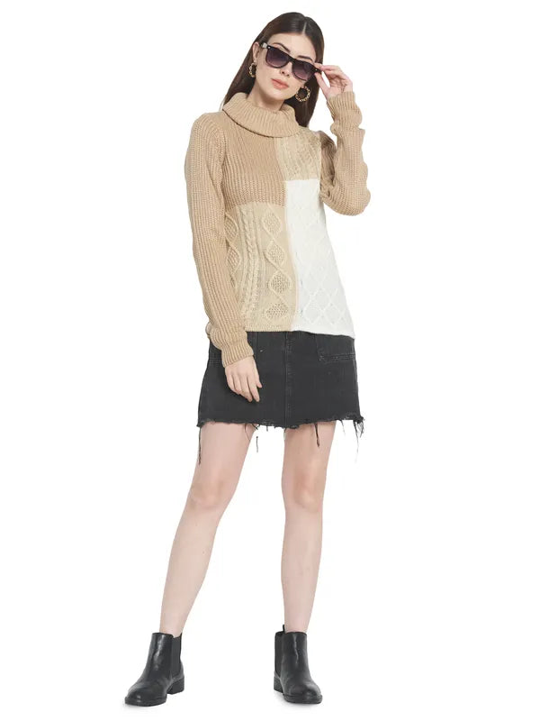 Mettle Women Brown  White Colourblocked Colourblocked Pullover